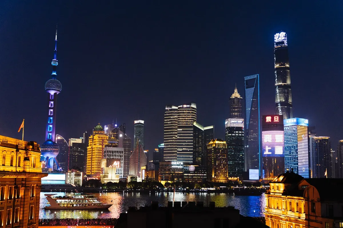 The Bund lit up at night in winter, Shanghai